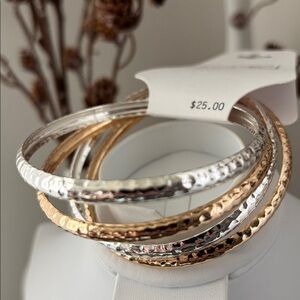 Laura Ford Bangles 2 Goldtone, 2 silvertone, hammered